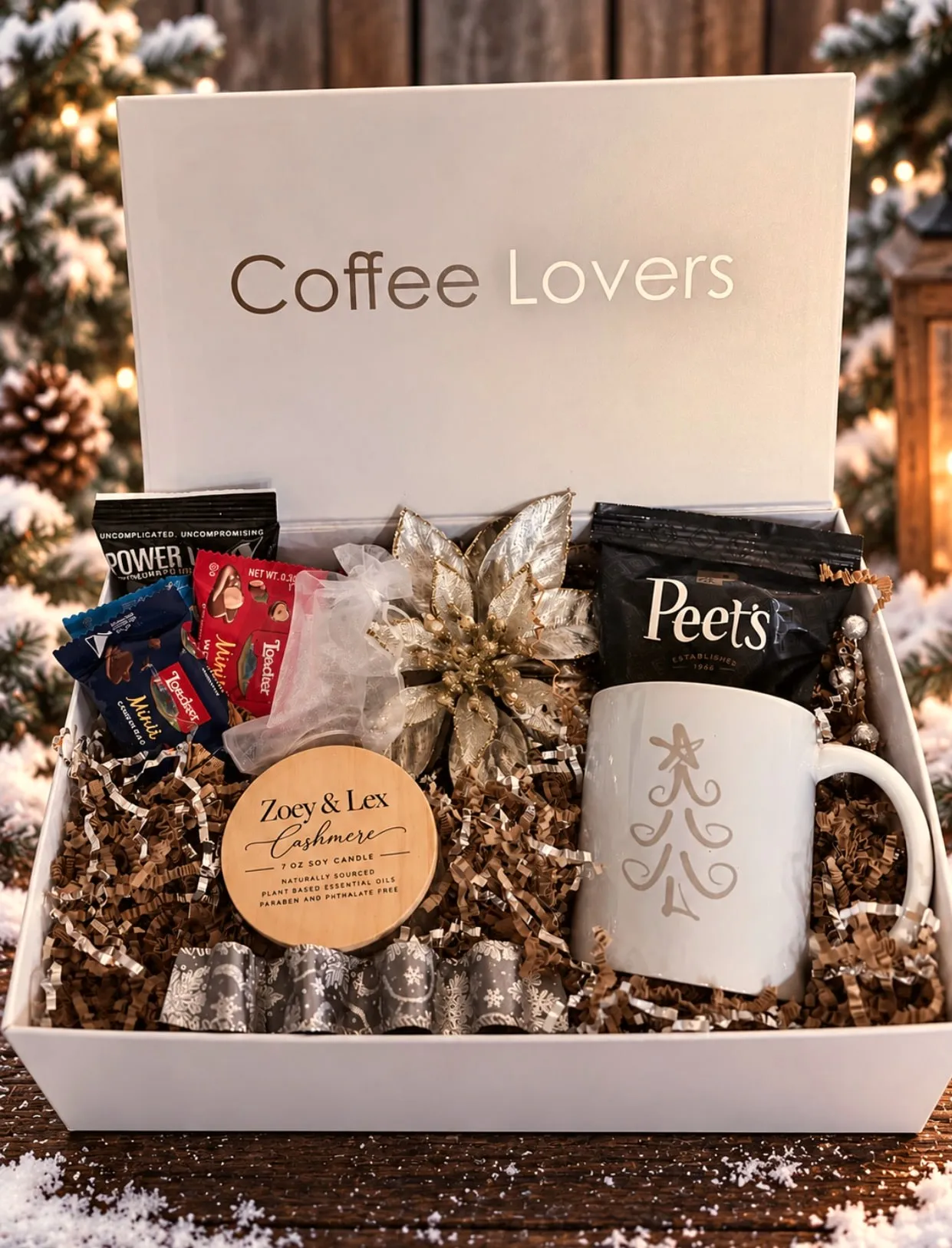 Coffee Lovers gift box nestled in crinkle paper with a mug, candle and Peet’s coffee