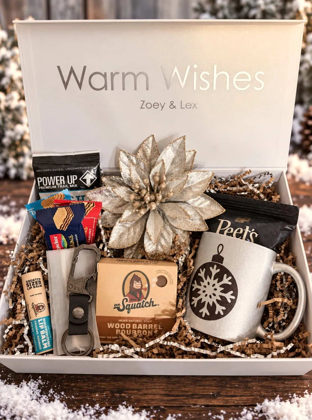 Warm Wishes gift box by Zoey & Lex filled with coffee, a mug and holiday treats