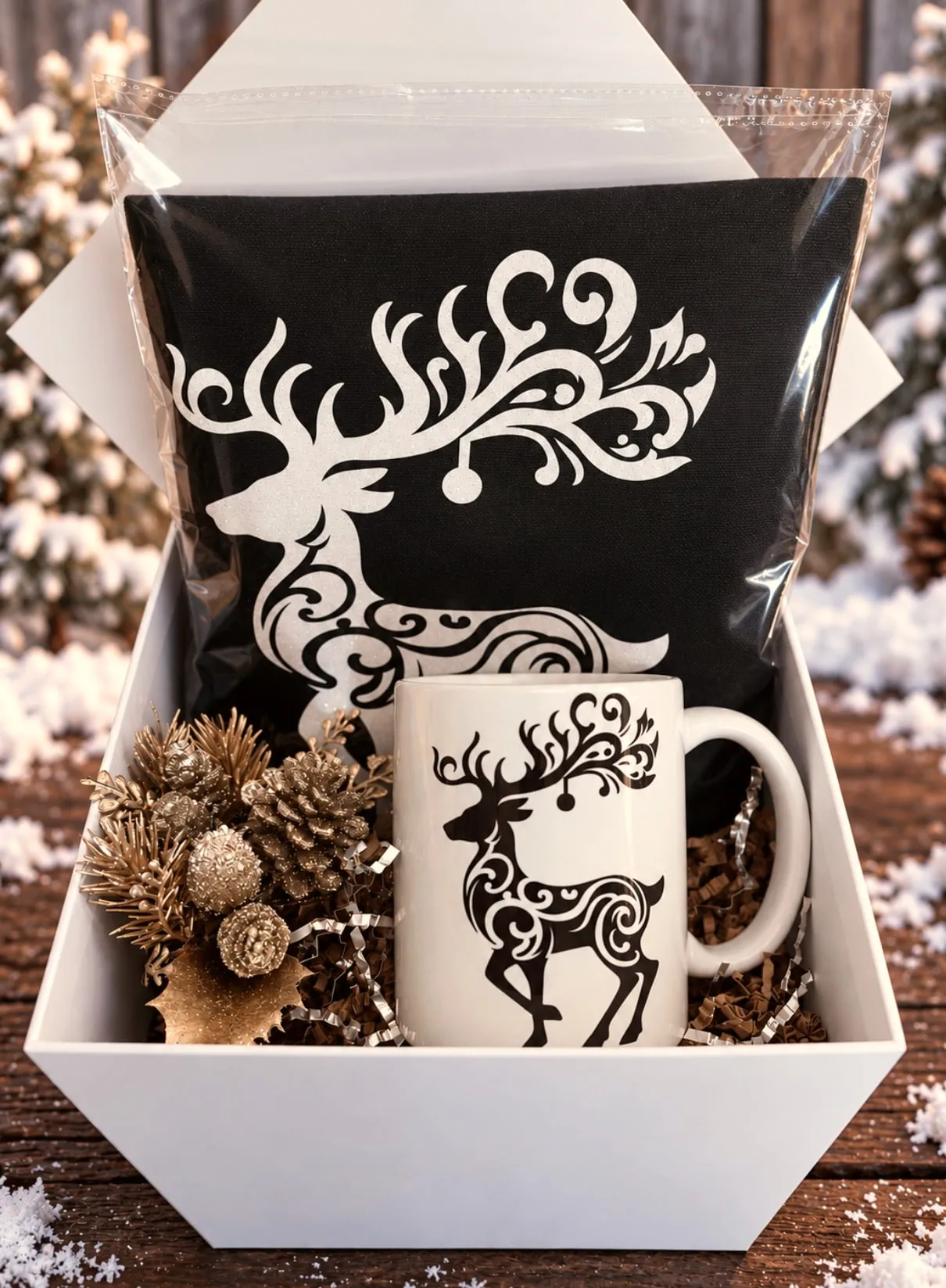 Black reindeer tote and matching mug packed in a white gift box